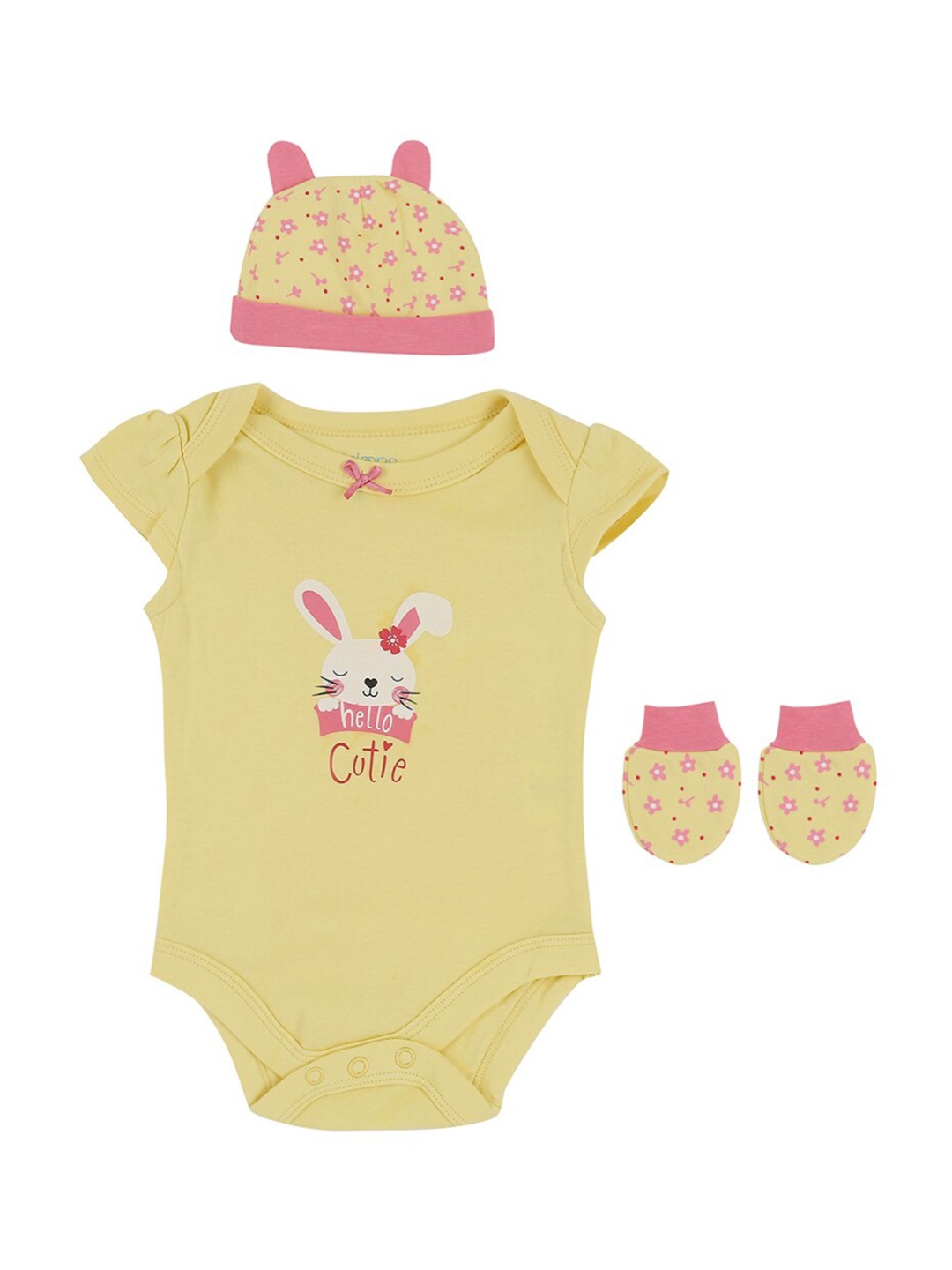 

Pantaloons Baby Yellow & Pink Cotton Bodysuit with Cap & Mittens
