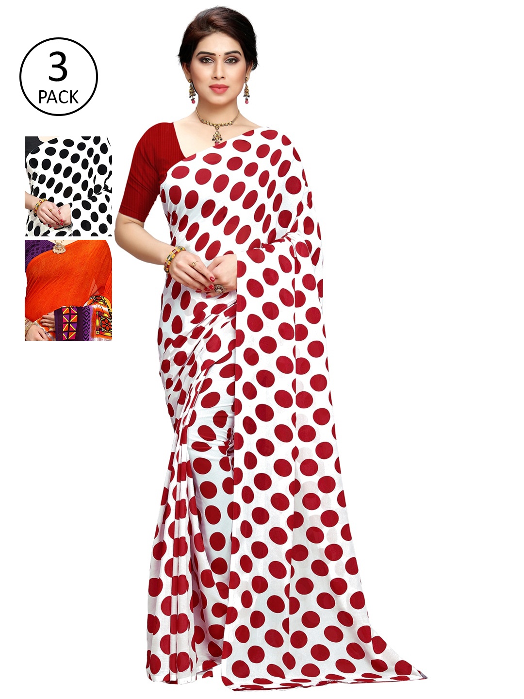 

KALINI White & Red Pack Of 3 Printed Saree