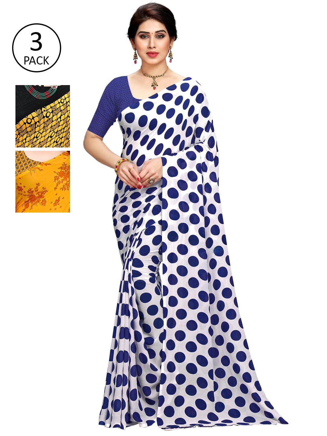 

KALINI Pack Of 3 White & Yellow & Black Printed Sarees