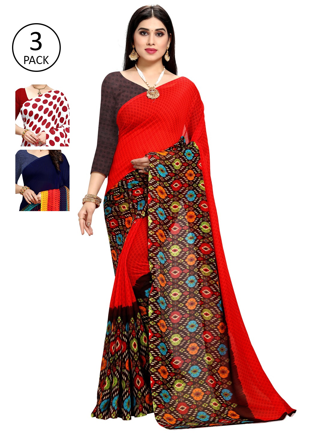 

KALINI Pack of 3 Poly Georgette Saree, Red