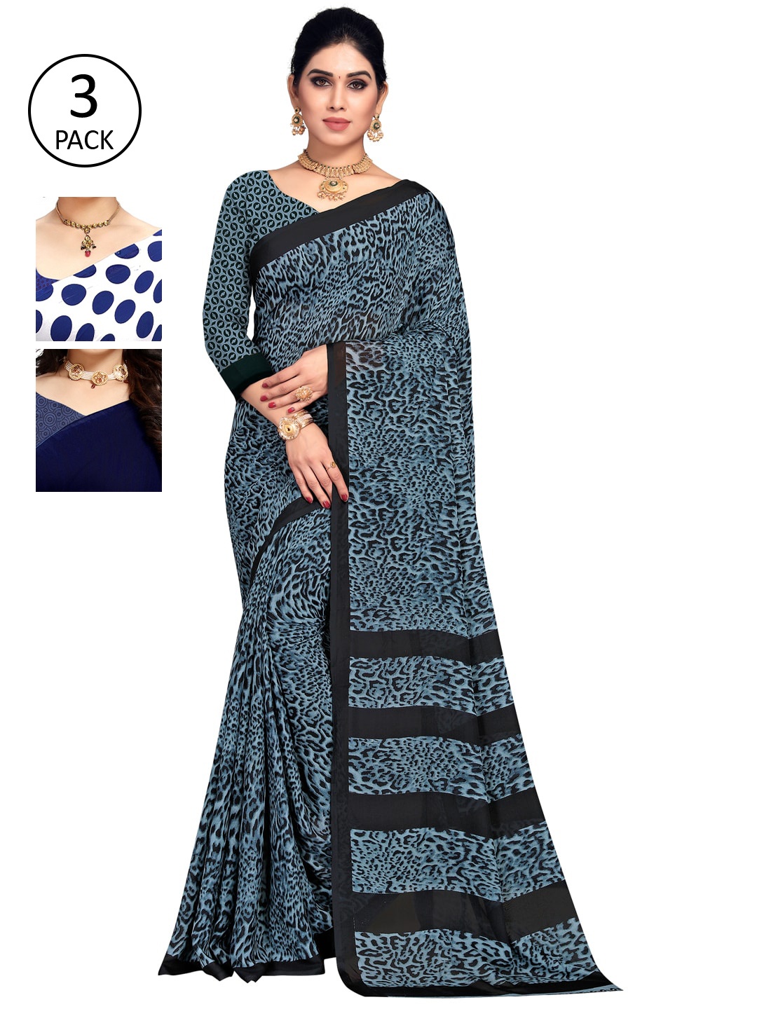 

KALINI Pack of 3 Printed Saree, Navy blue