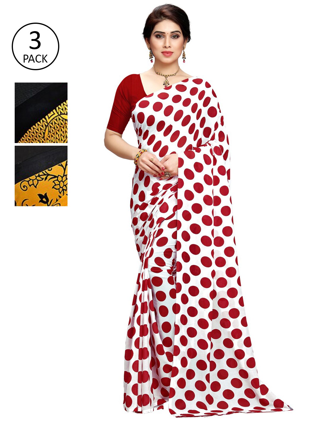 

KALINI Pack of 3 Poly Georgette Printed Sarees, Red