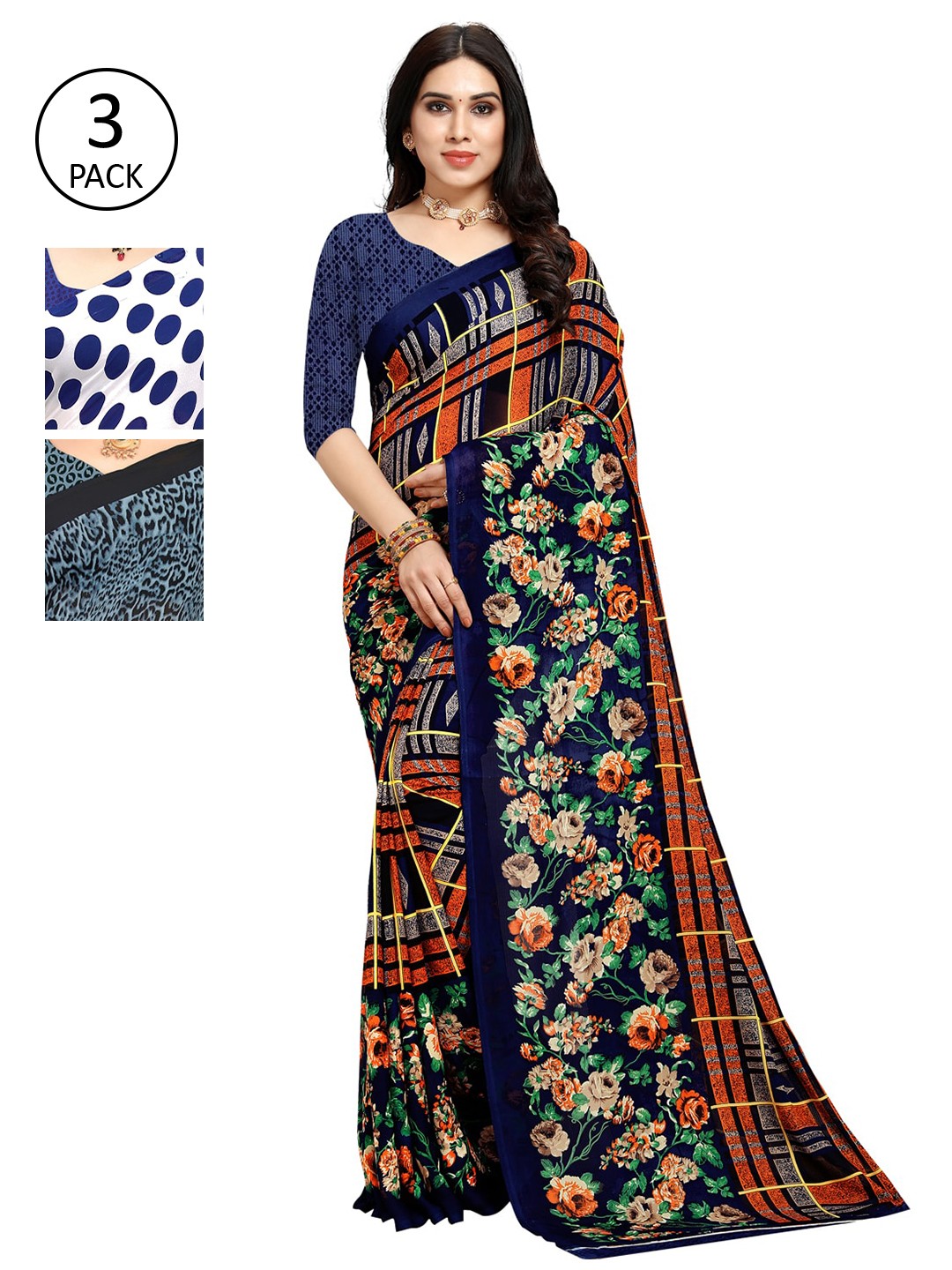 

KALINI Pack of 3 Poly Georgette Printed Sarees, White