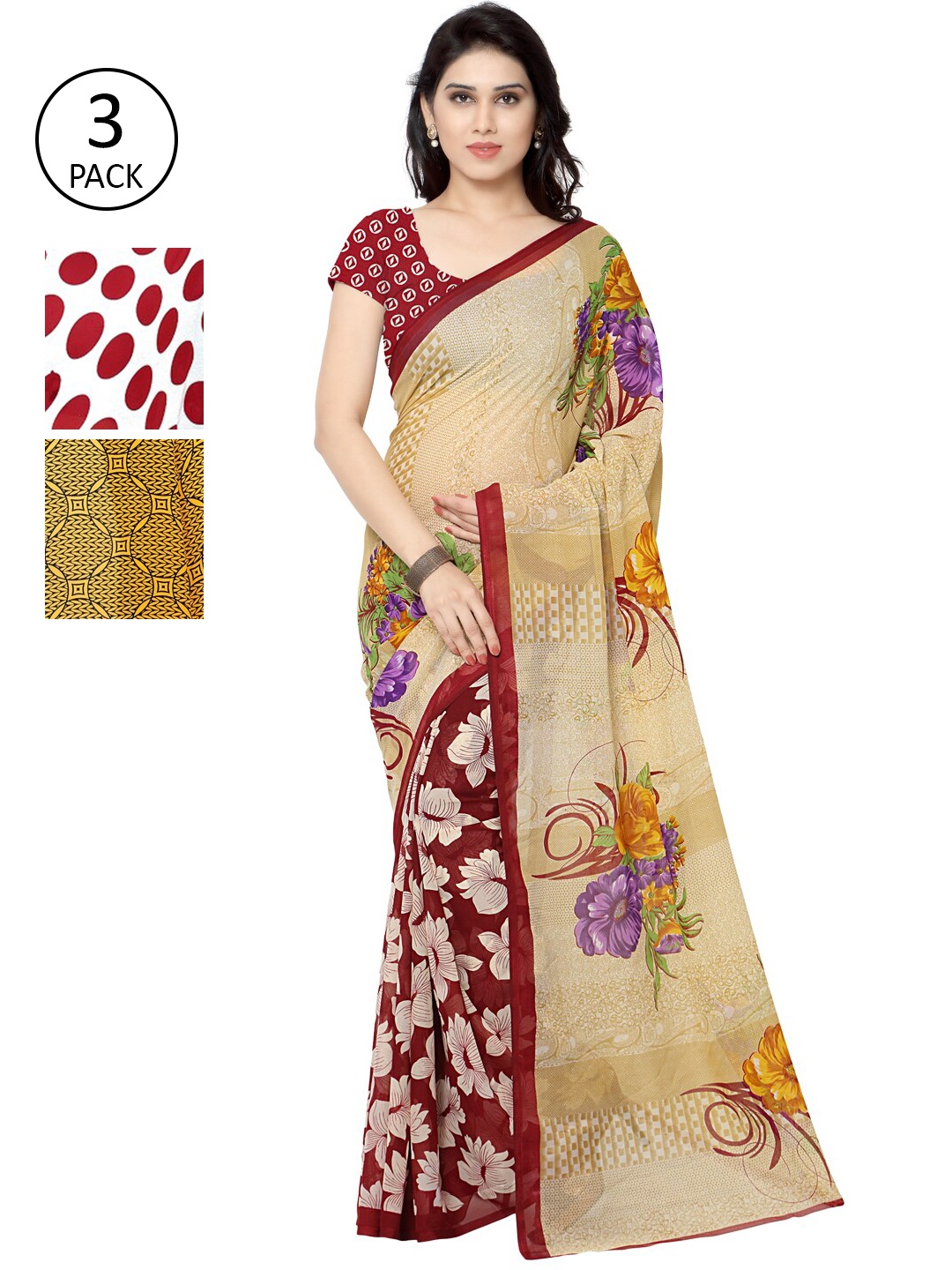 

KALINI Pack of 3 Poly Georgette Printed Sarees, White
