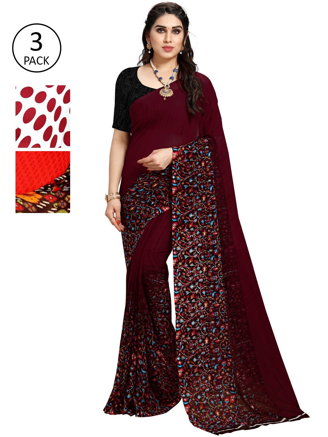 

KALINI Pack Of 3 Red & White Saree