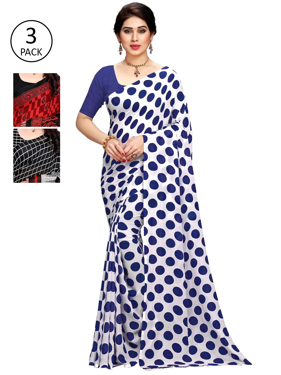 

KALINI Set of 3 Blue, Red & Black Printed Sarees