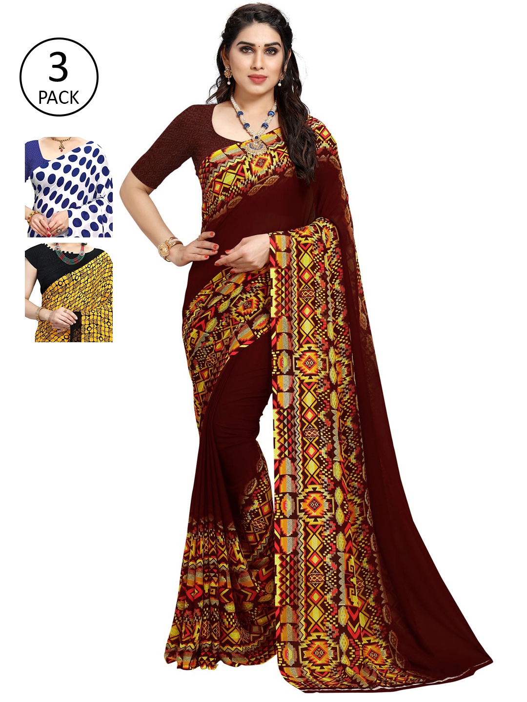 

KALINI Pack of 3 Poly Georgette Printed Sarees, White