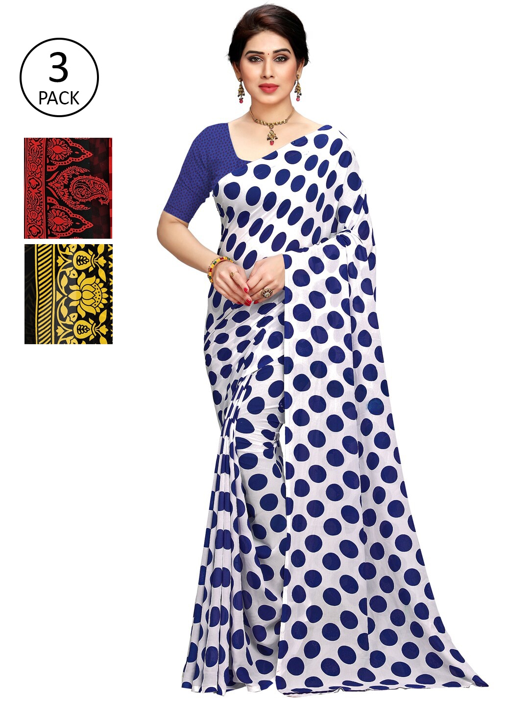 

KALINI Pack Of 3 White & Red & Yellow Printed Sarees