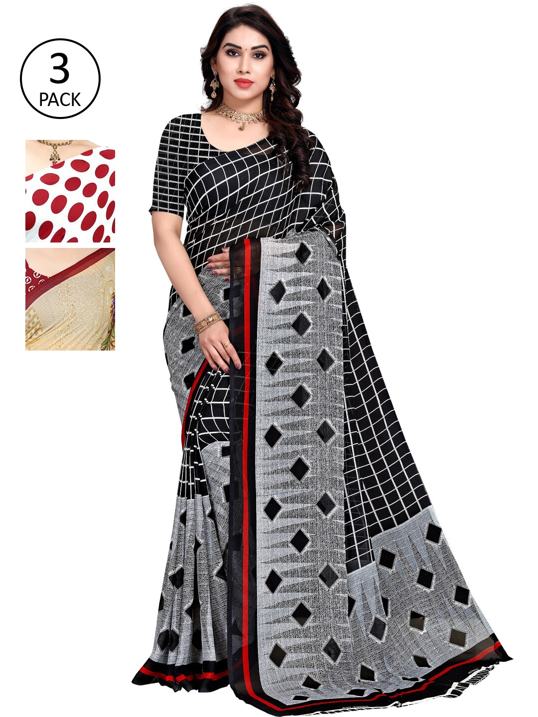 

KALINI Set of 3 Black, White & Beige Sarees