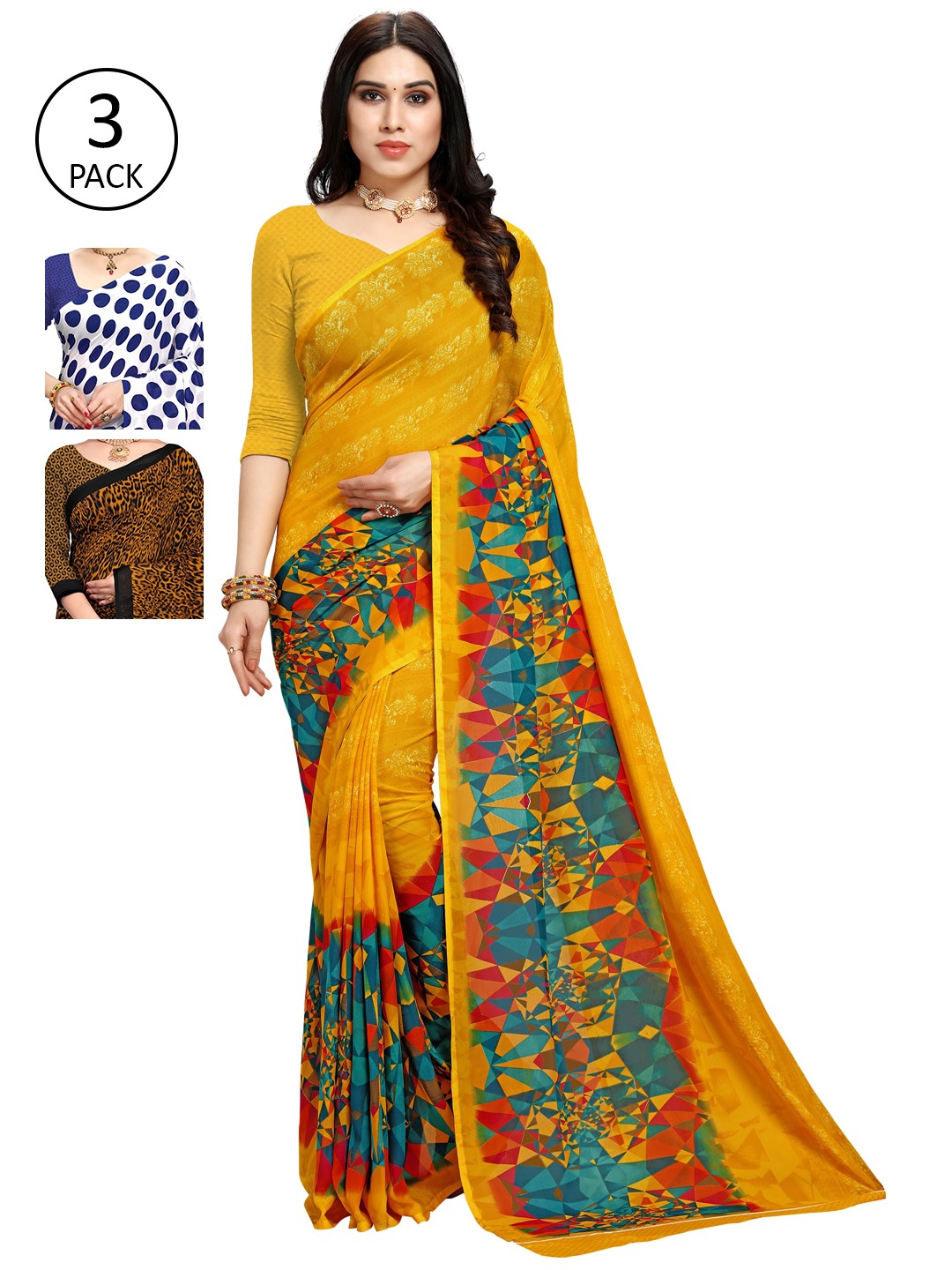 

KALINI Pack of 3 Poly Georgette Printed Sarees, White