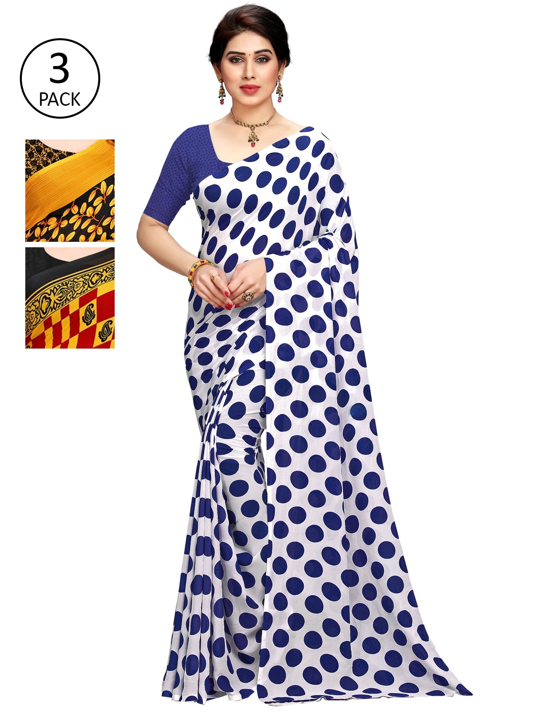 

KALINI Pack Of 3 White & Black & Yellow Printed Sarees, Blue