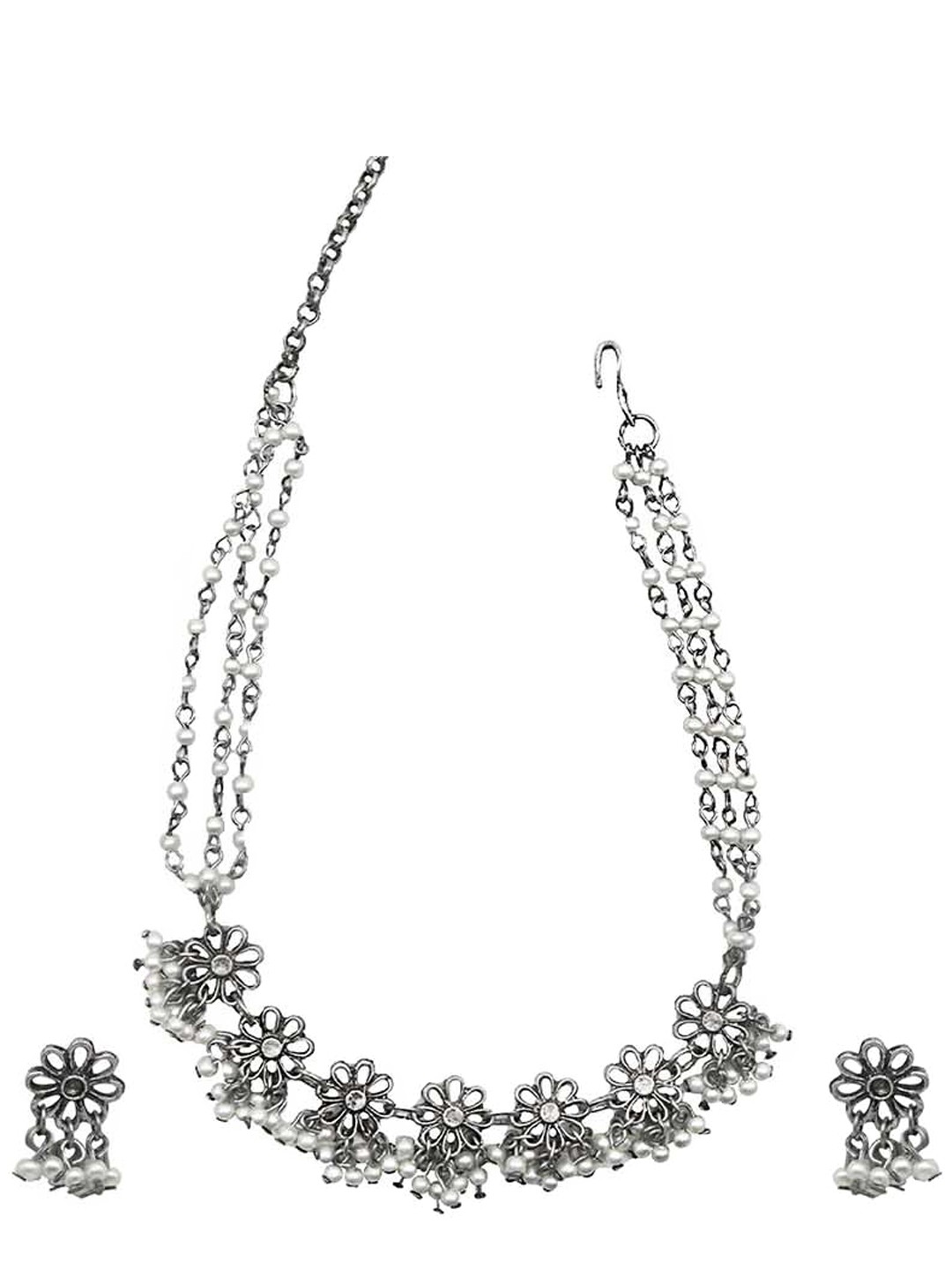 

TEEJH Oxidized Silver-Toned & White Stone-Studded & Pearl Beaded Jewellery Set
