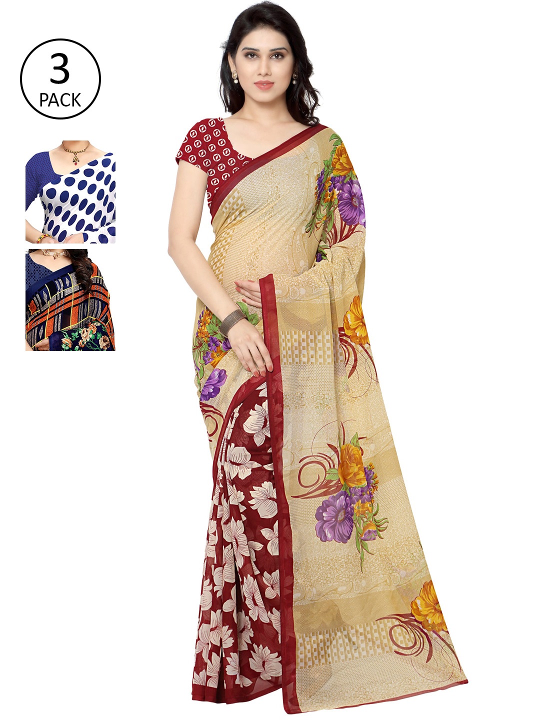 

KALINI Pack of 3 Printed Sarees with Unstitched Blouse Pieces, Multi