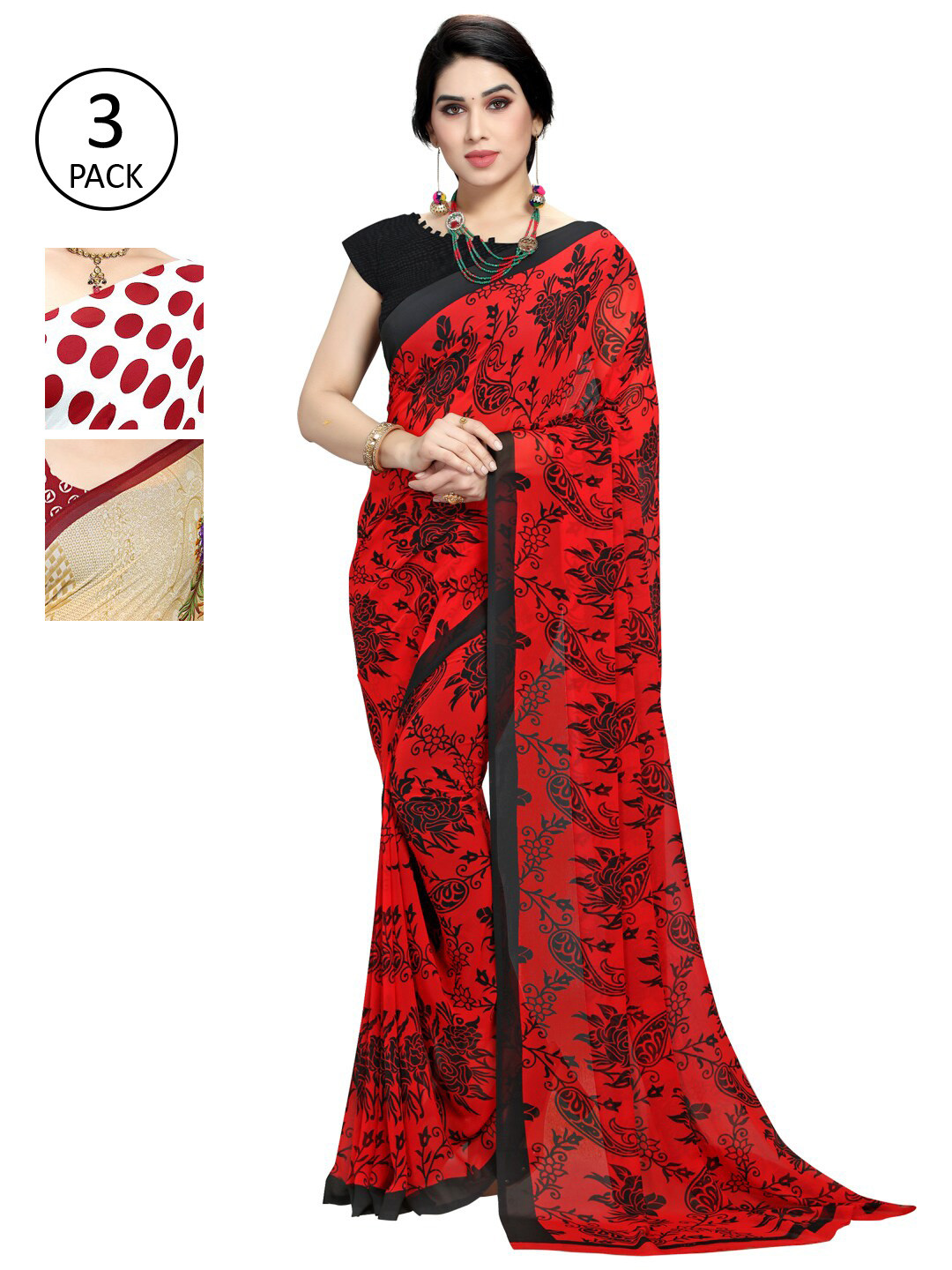 

KALINI Multicolour Printed Poly Georgette Daily Wear Sarees-Pack of 3, Red