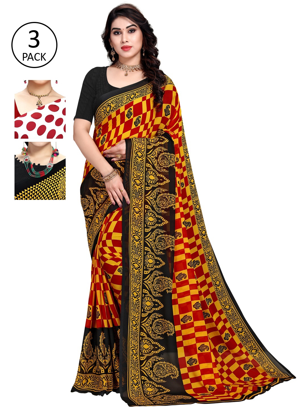 

KALINI Pack of 3 Poly Georgette Printed Sarees, Red