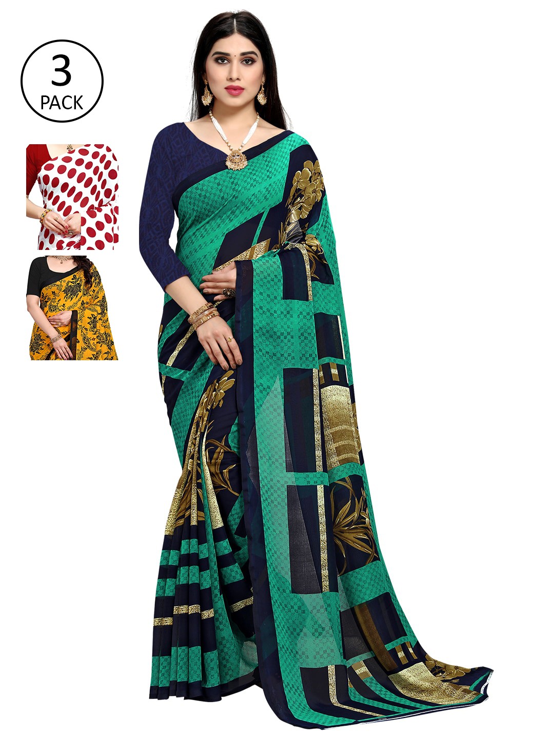 

KALINI Pack Of 3 Printed Poly Georgette Sarees, Red