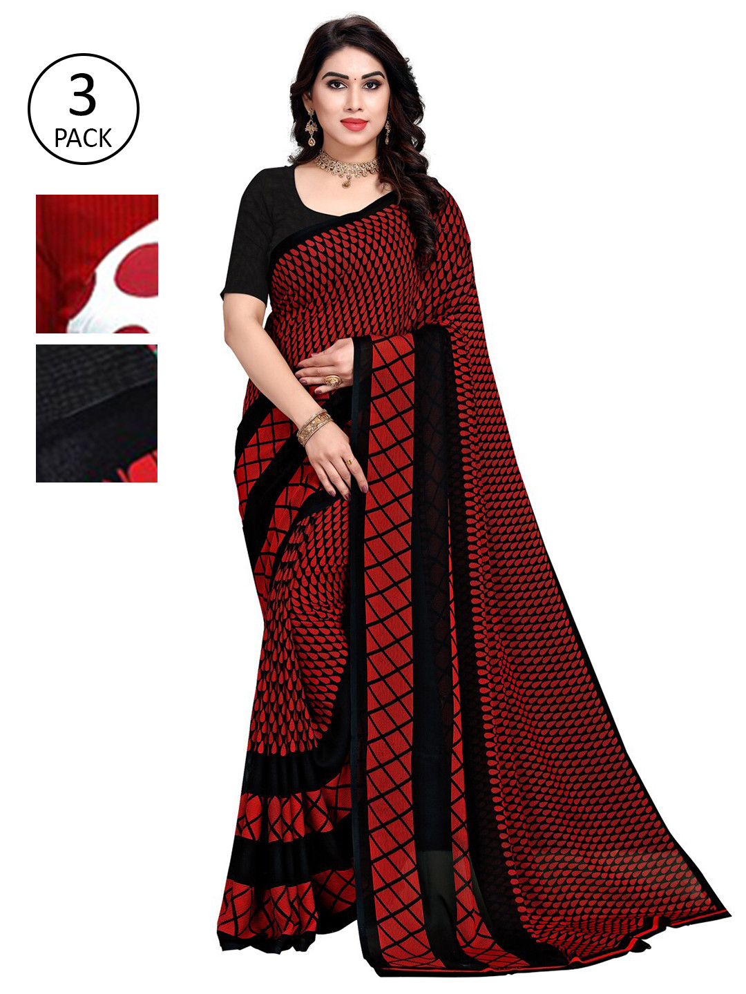 

KALINI Multicolor Georgette Printed Daily Wear Saree With Unstitched Blouse(Pack of 3), Red