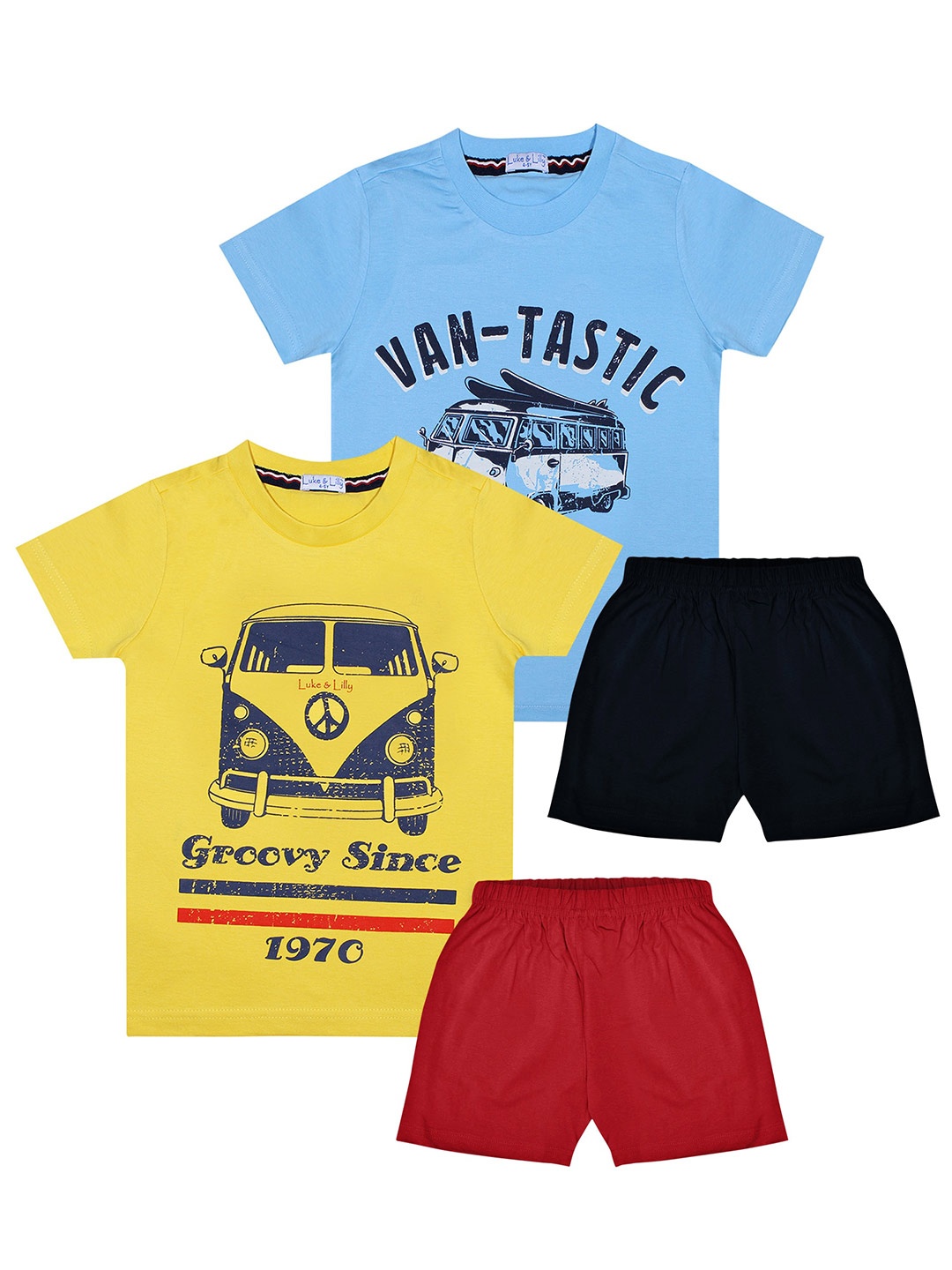 

Luke & Lilly Boys Pack of 2 Yellow & Blue Printed Cotton T-shirt with Shorts