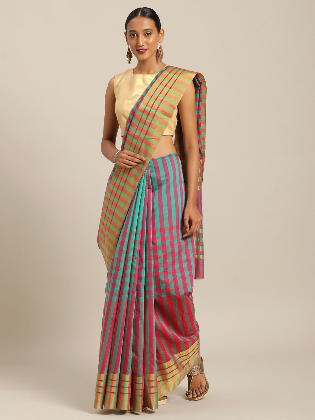 

KALINI Turquoise Blue & Pink Striped Zari Art Silk Saree