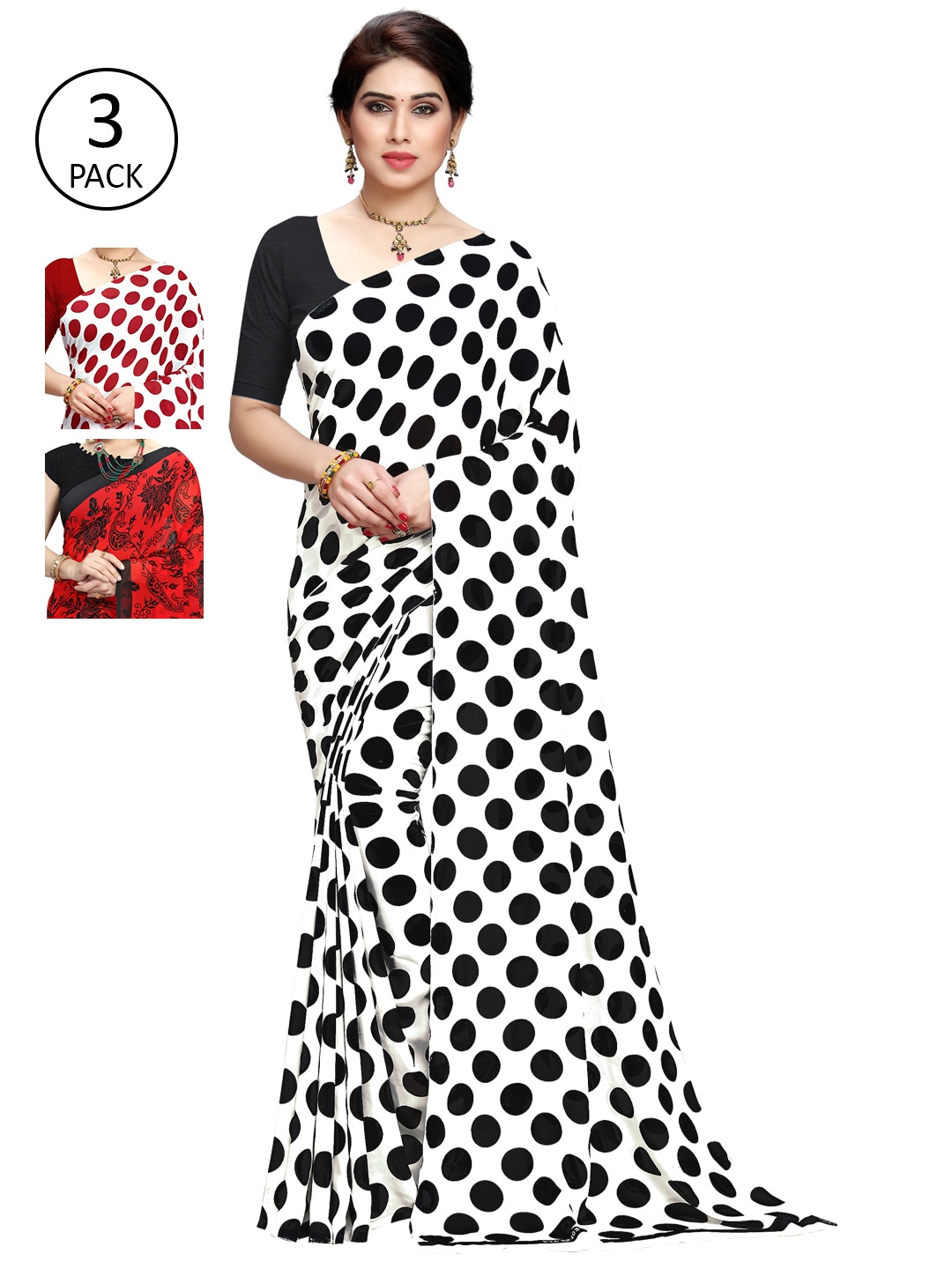 

KALINI Pack Of 3 Printed Poly Georgette Sarees, Red