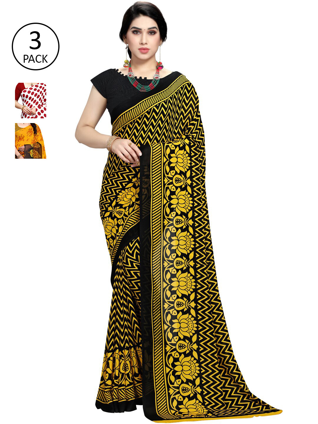 

KALINI Pack Of 3 Printed Sarees, Black