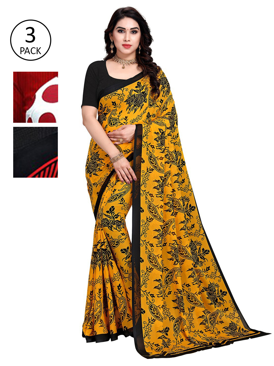 

KALINI Pack Of 3 Printed Sarees, Yellow