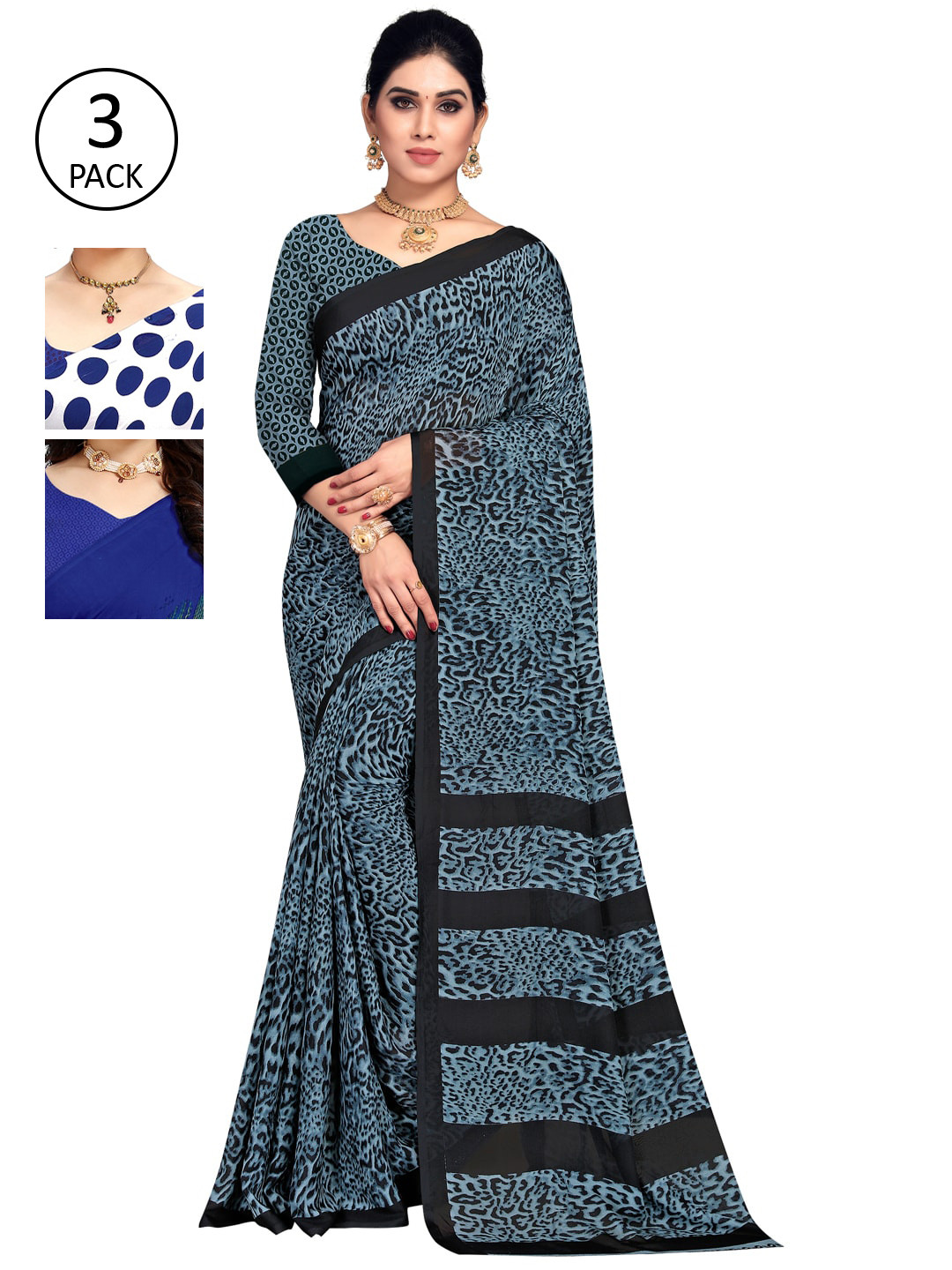 

KALINI Pack of 3 Poly Georgette Printed Sarees, White