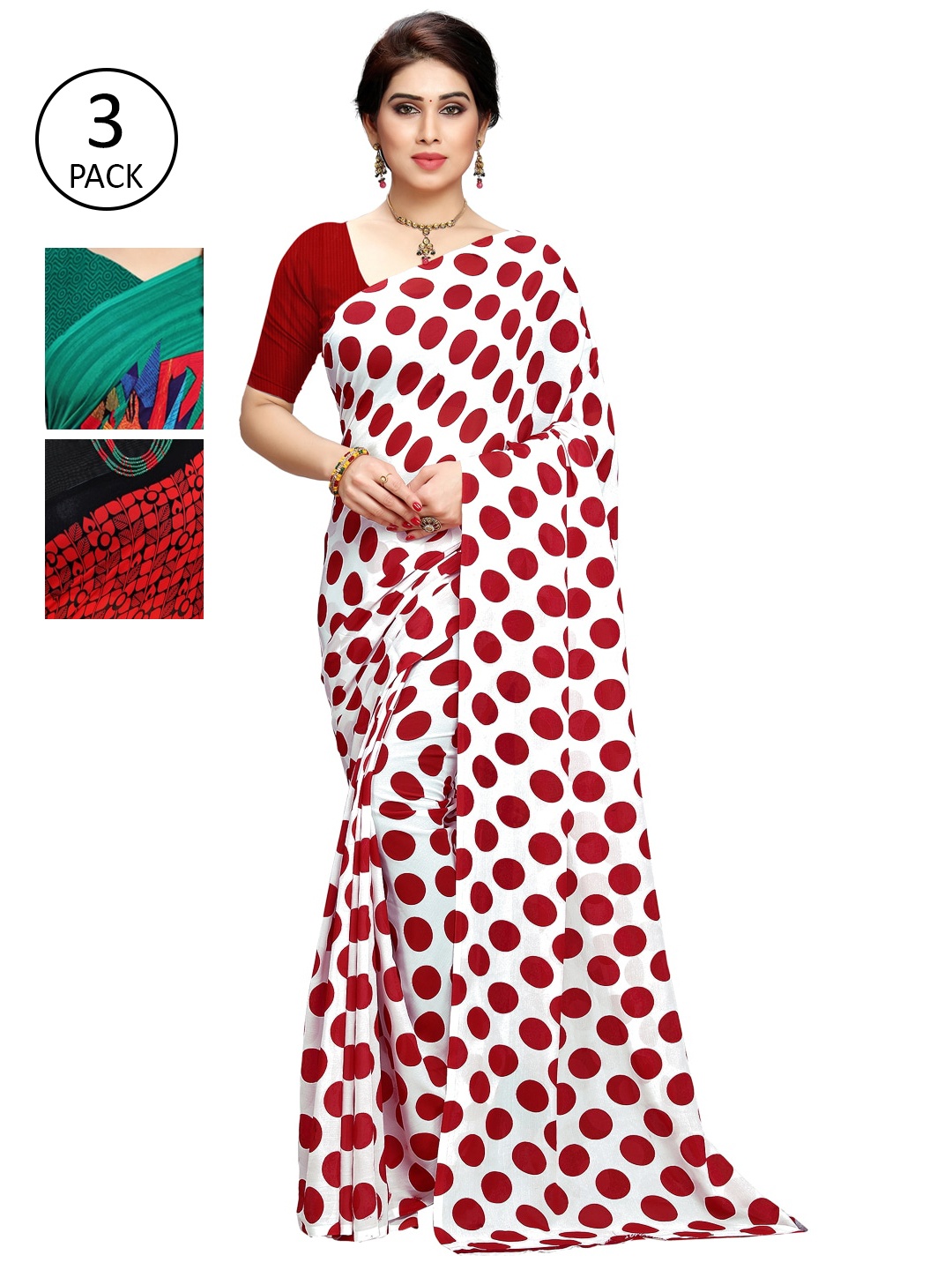 

KALINI Pack Of 3 White & Red & Green Printed Sarees