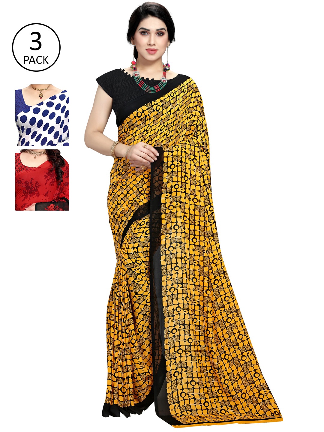 

KALINI Pack Of 3 Yellow & White & Red Printed Sarees
