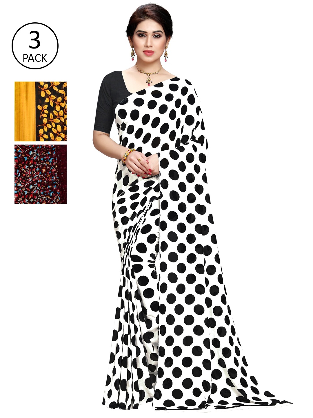 

KALINI Black & White Pack Of 3 Floral Printed Saree