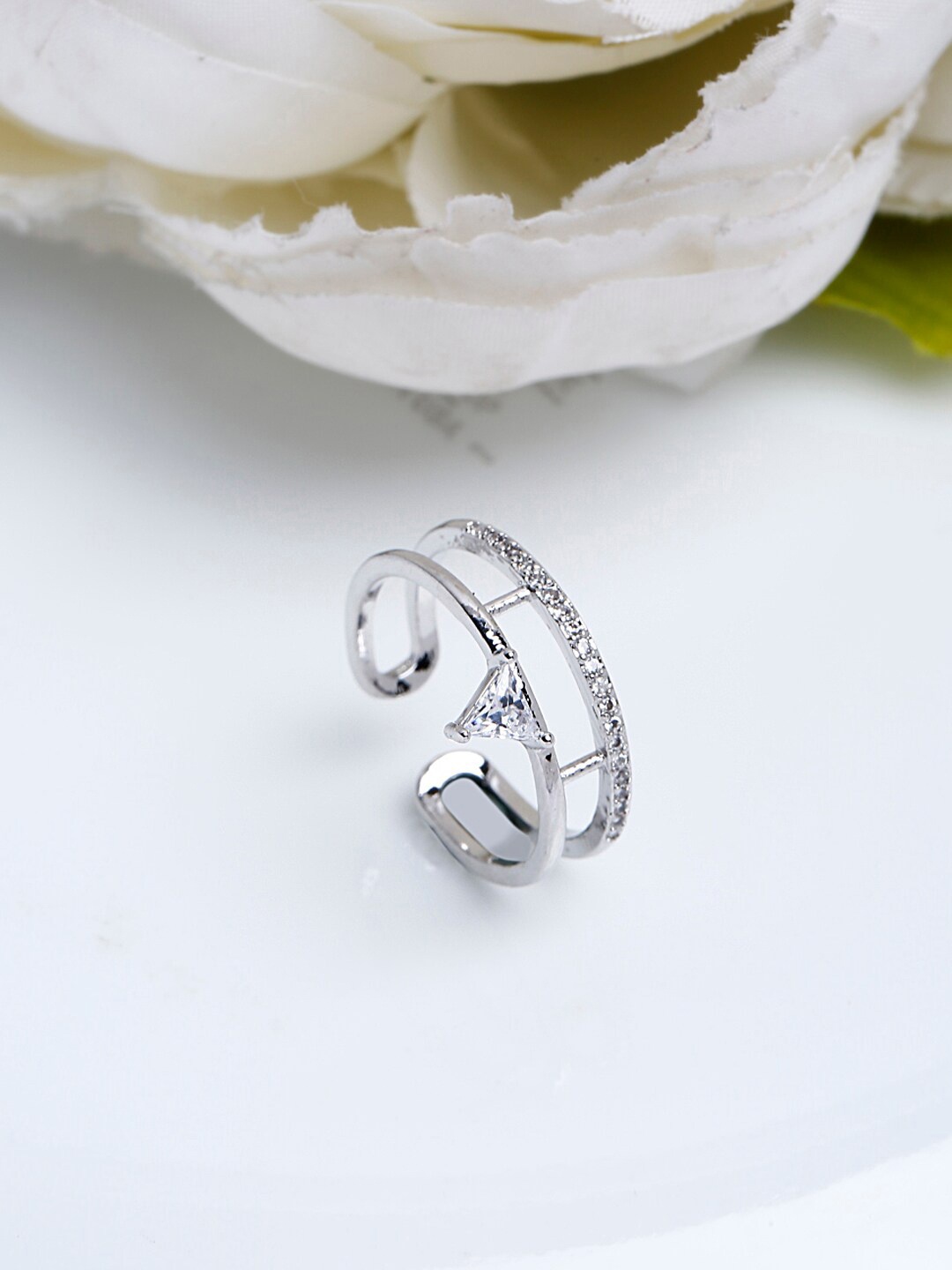 

Shining Diva Fashion Women Platinum-Plated Silver-Toned White CZ-Studded Adjustable Finger Ring