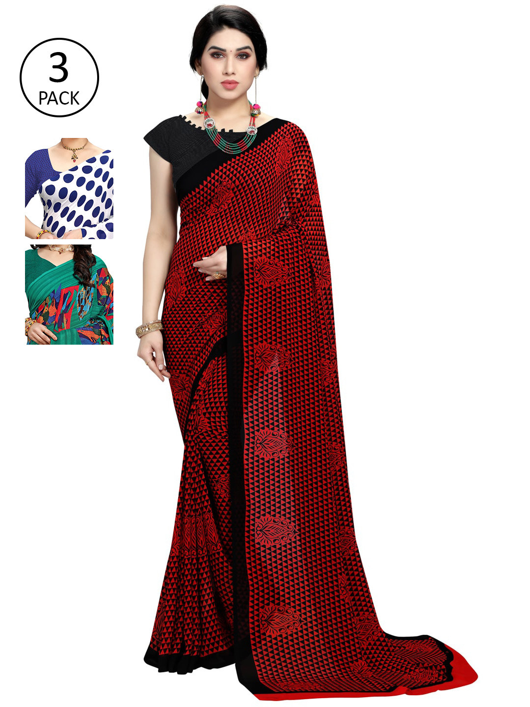 

KALINI Pack of 3 Printed Sarees with Unstitched Blouse Pieces, Multi