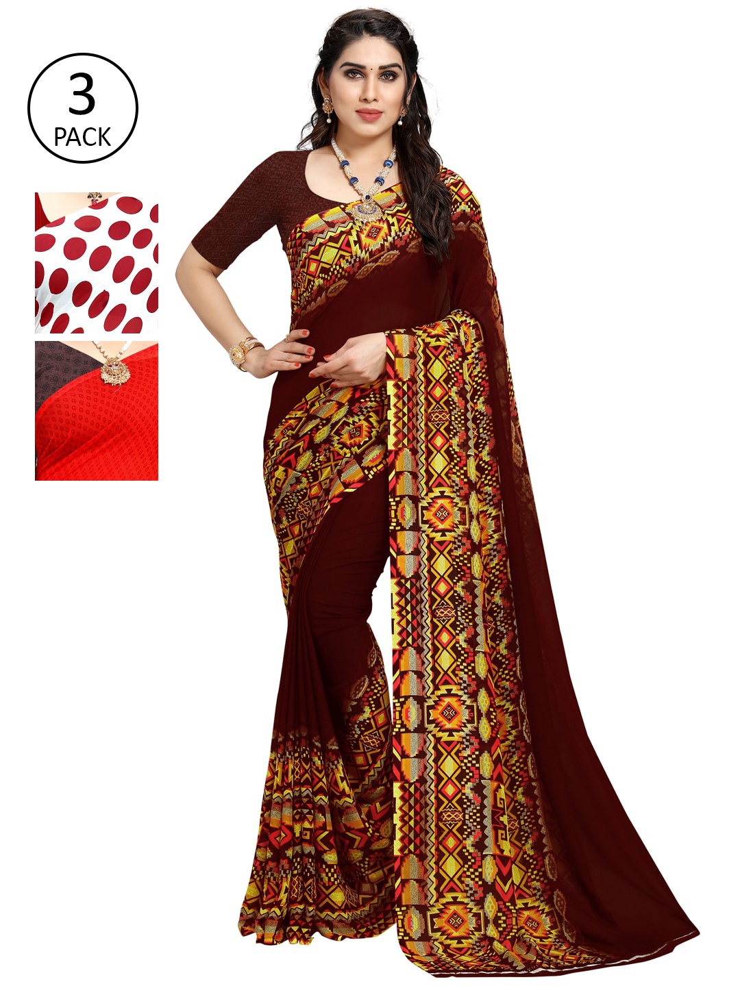 

KALINI Pack of 3 Poly Georgette Sarees, Red