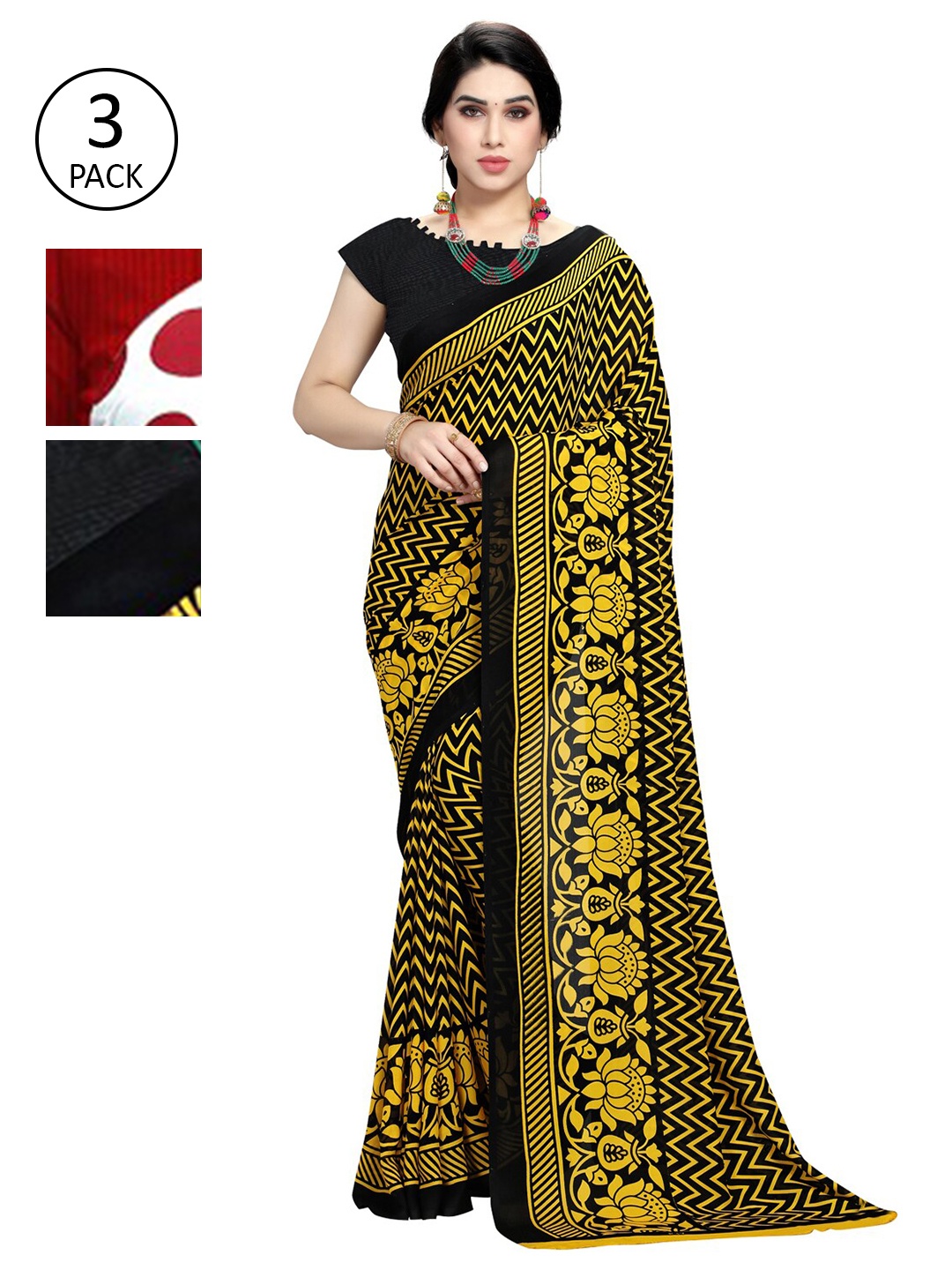 

KALINI Pack Of 3 Multicoloured Printed Sarees, Red