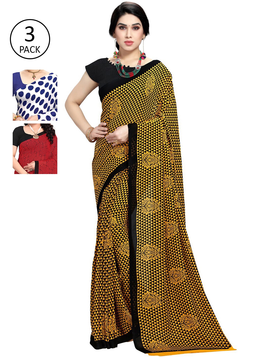 

KALINI Pack Of 3 White & Yellow & Red Printed Sarees