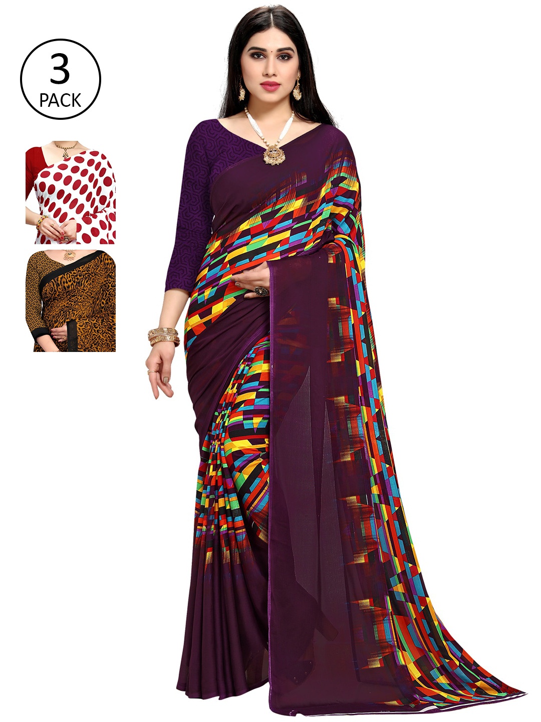 KALINI Pack Of 3 Sarees, Burgundy