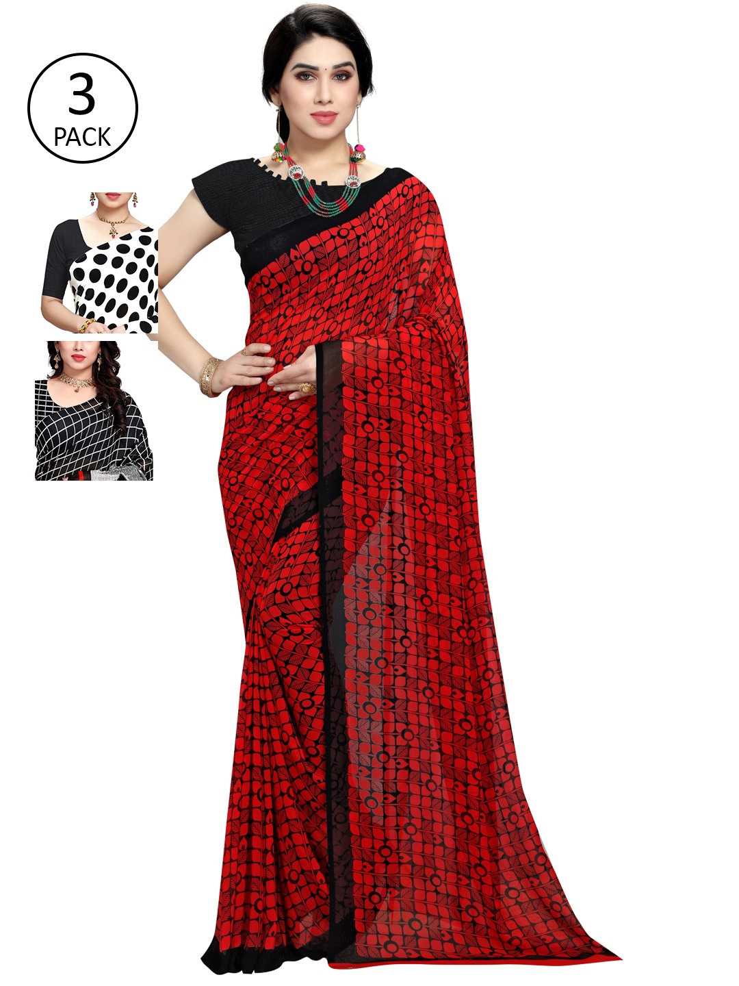 

KALINI Set of 3 Red, White & Black Printed Sarees