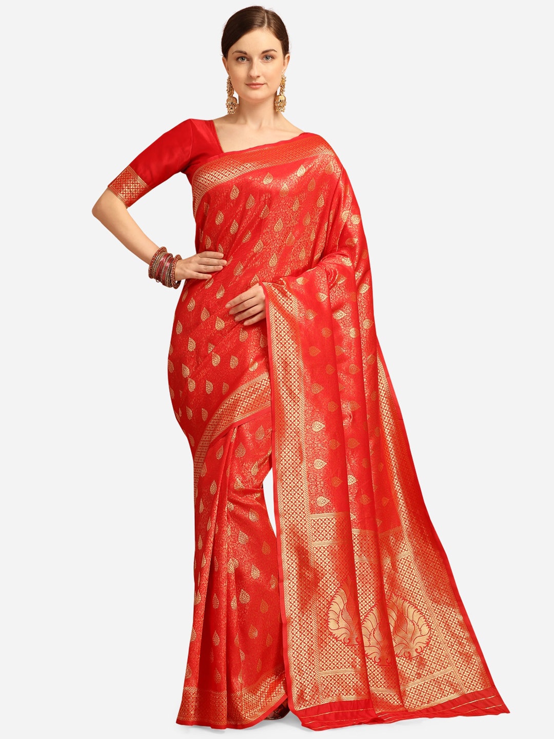 

KALINI Red & Gold-Toned Woven Design Zari Silk Blend Fusion Kanjeevaram Saree
