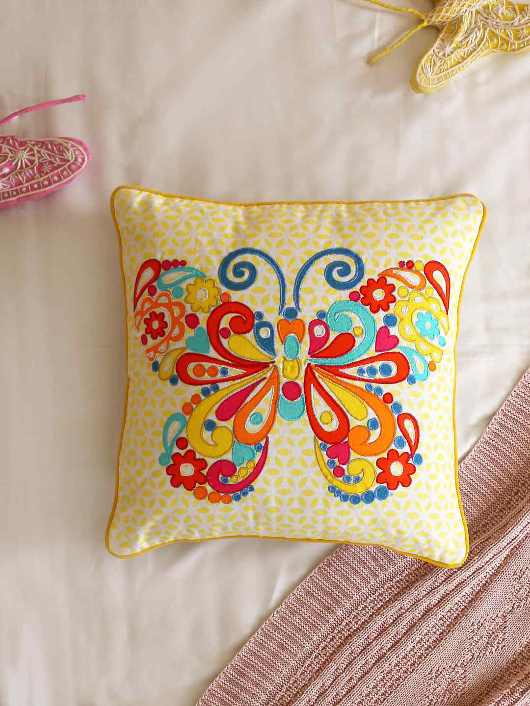 

Amoliconcepts Multicoloured Embroidered Square Cushion Covers, Multi