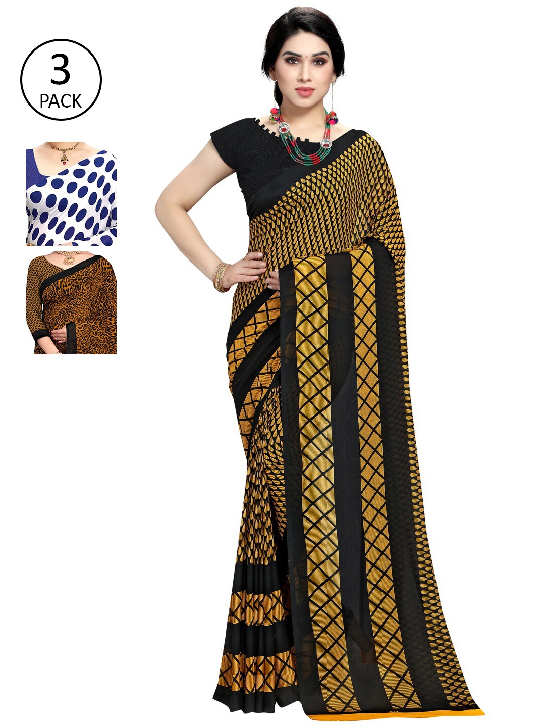 

KALINI Pack of 3 Printed Sarees, White