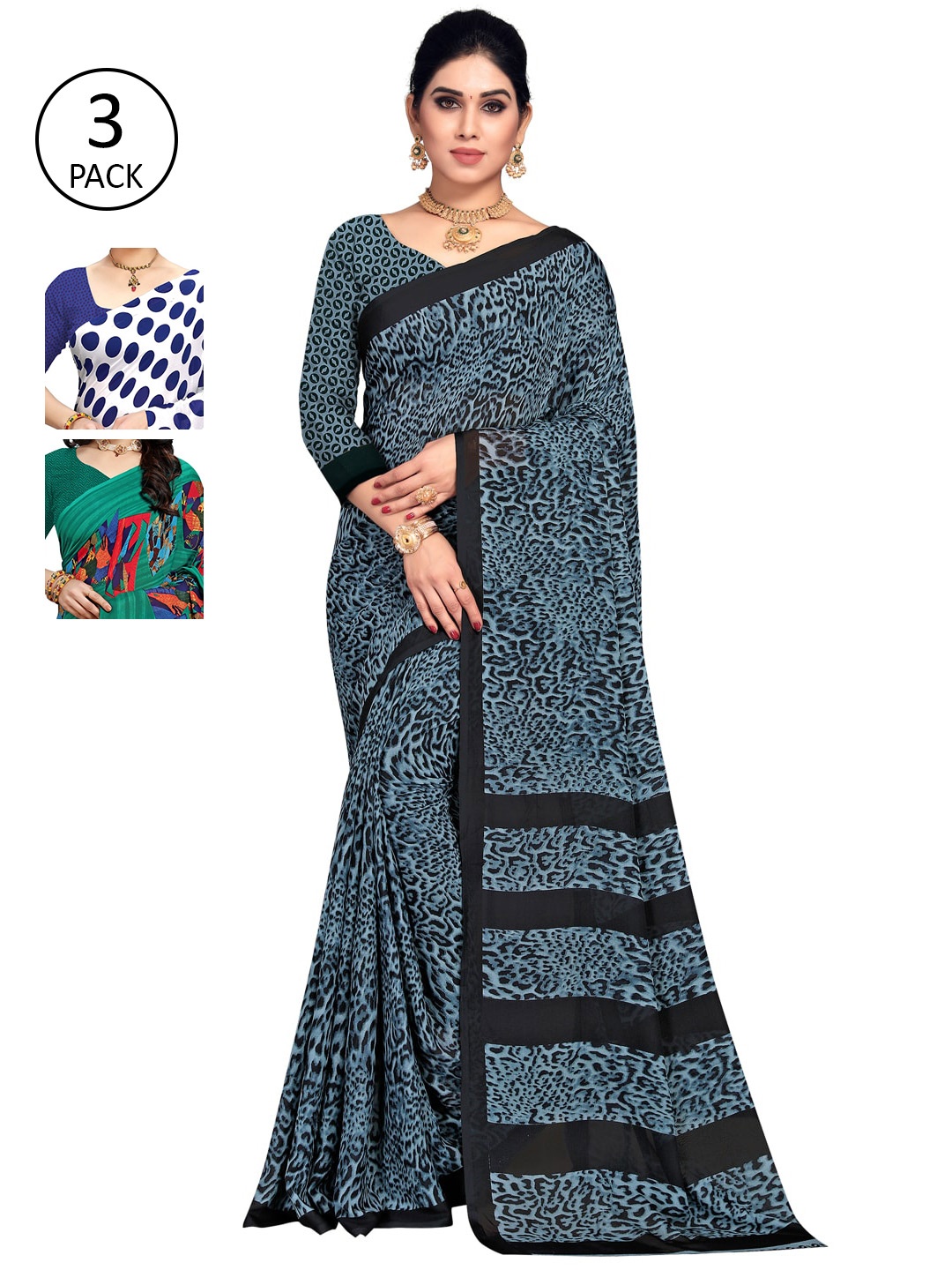 

KALINI Pack of 3 Printed Sarees with Unstitched Blouse Pieces, Multi