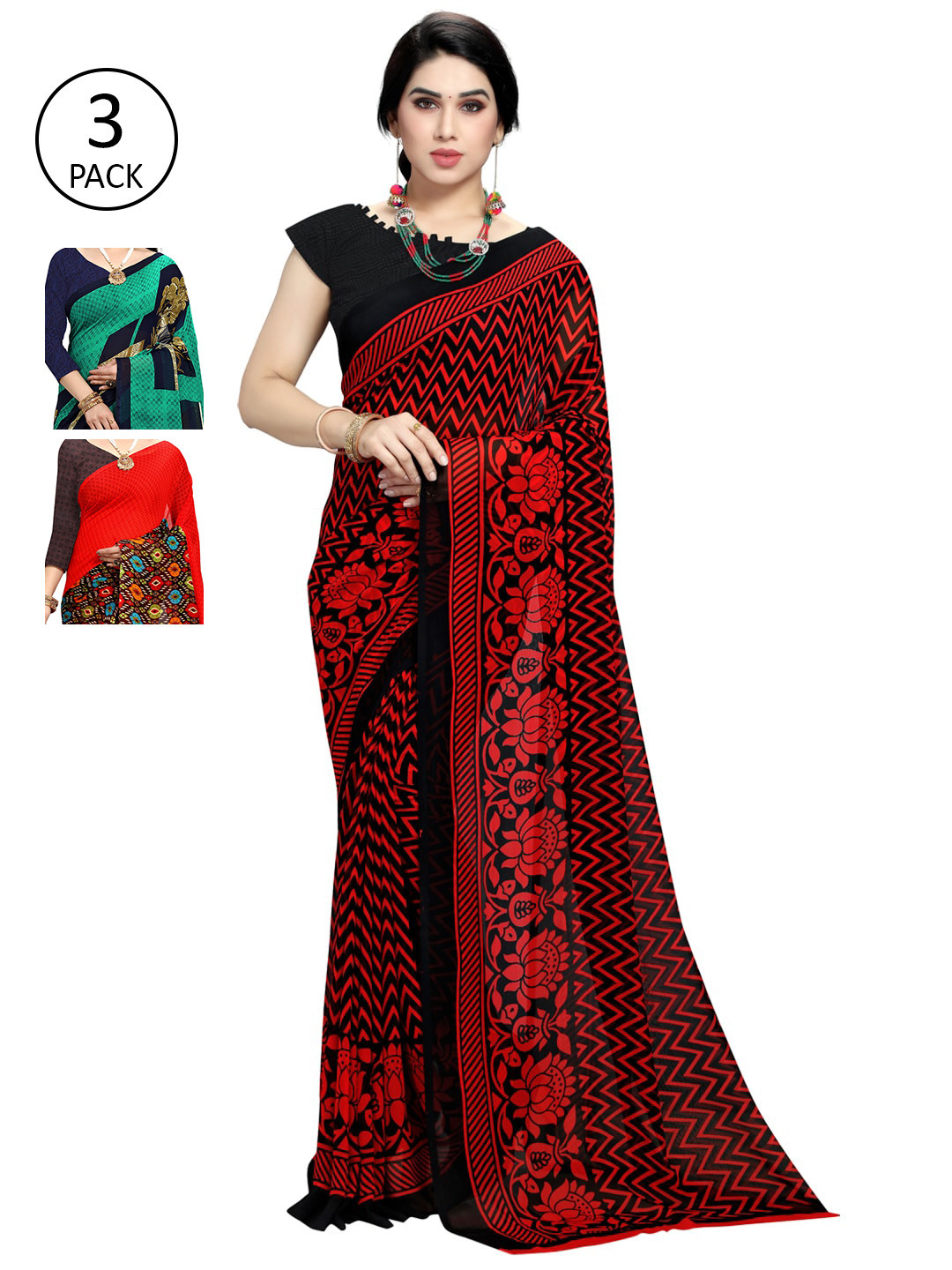 

KALINI Green & Black Pack of 3 Printed Sarees