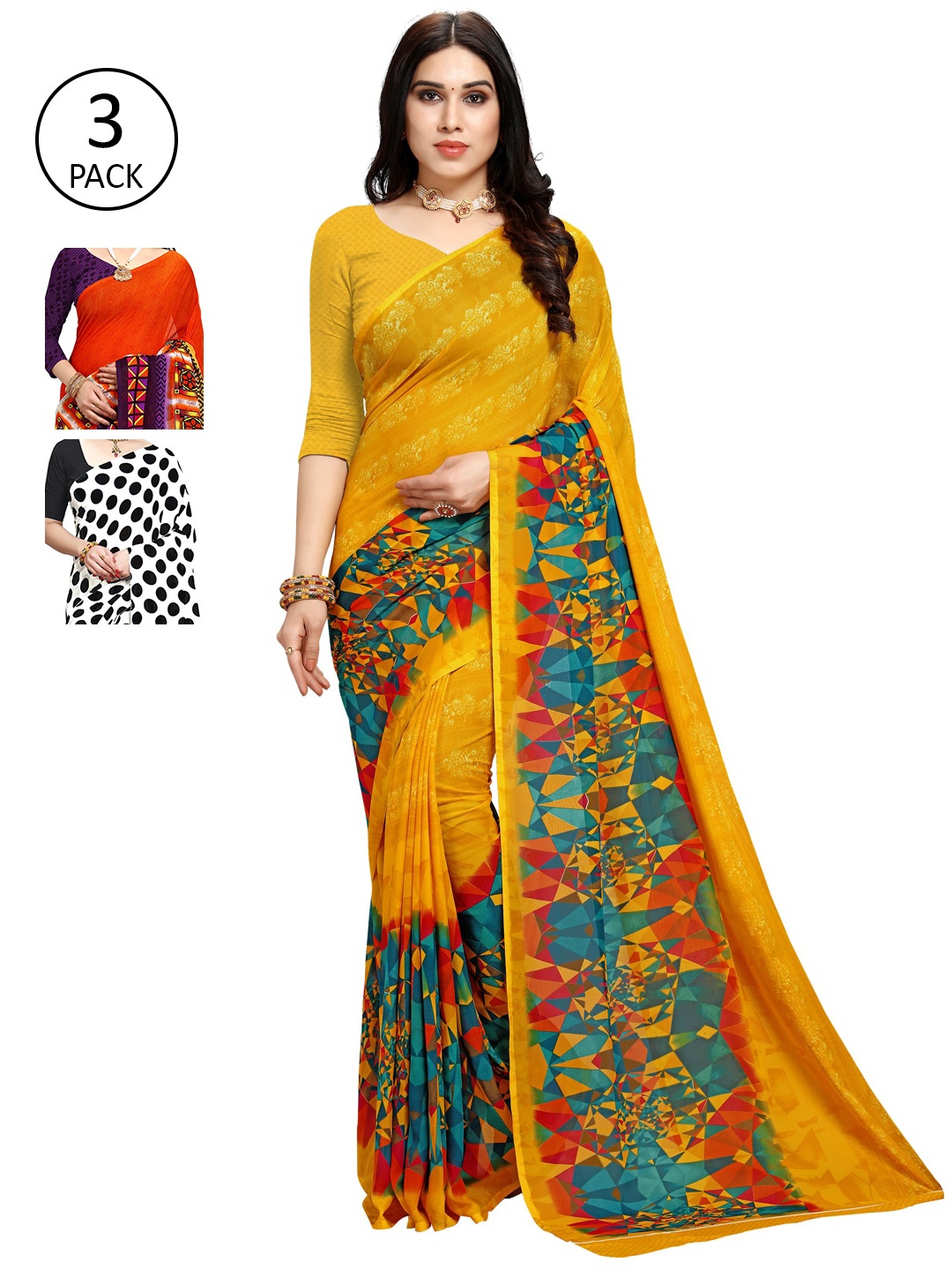 KALINI Pack of 3 Printed Sarees, Multi