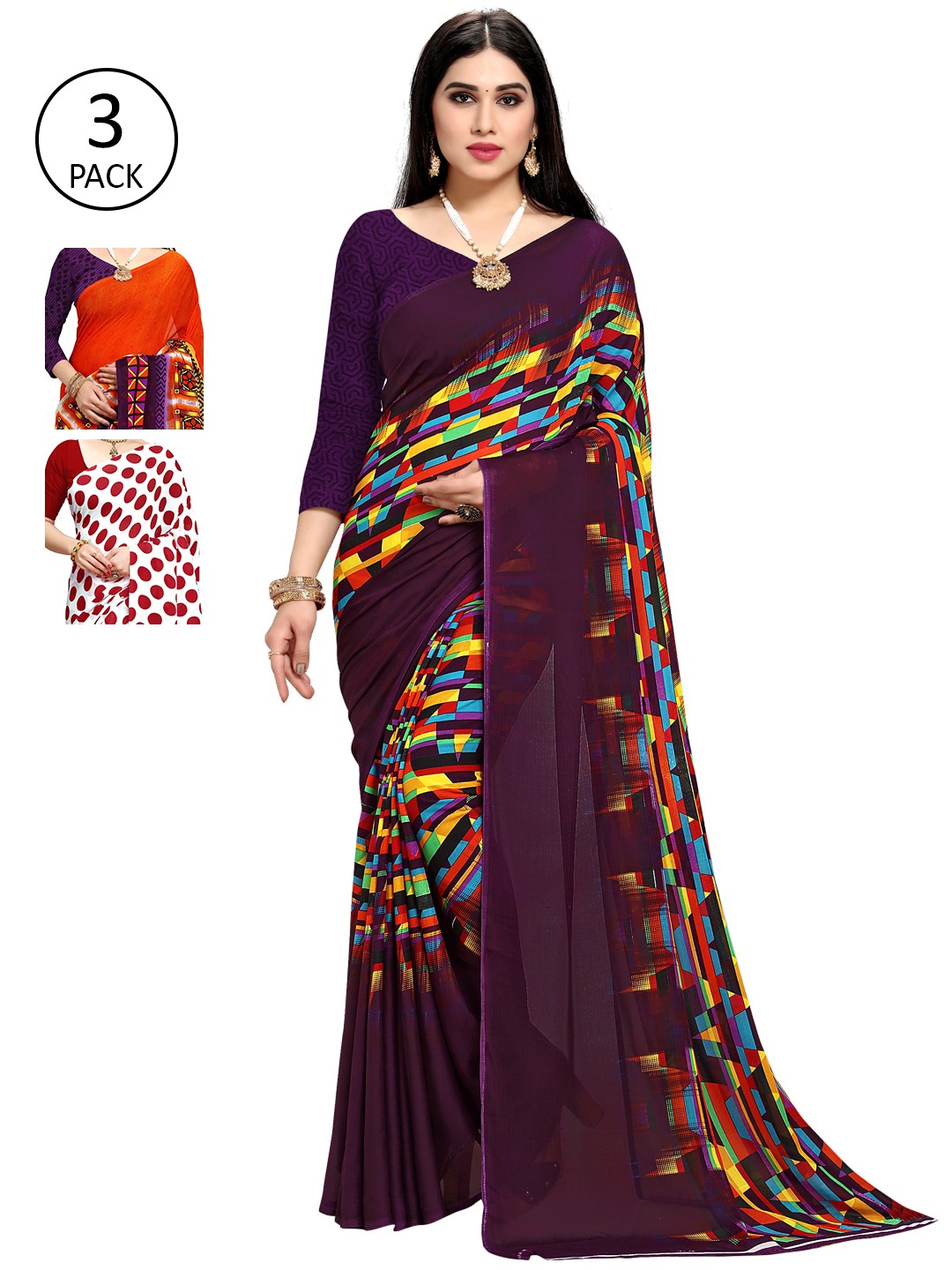 

KALINI Pack of 3 Poly Georgette Sarees, White