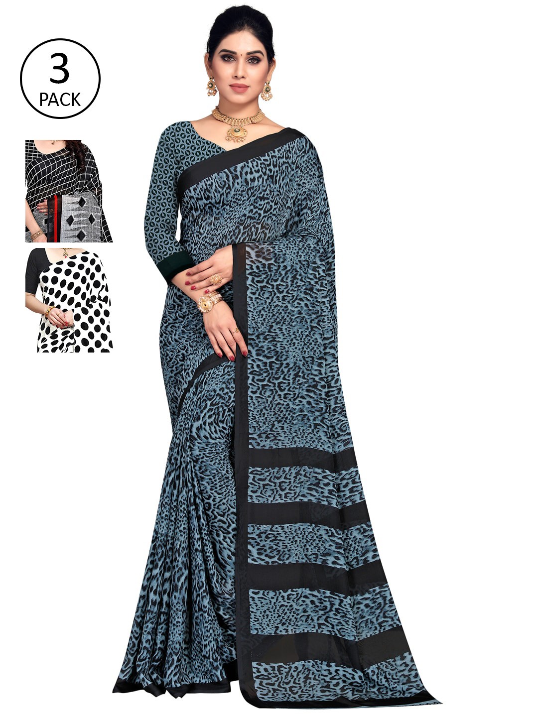

ANAND SAREES Pack of 3 Poly Georgette Sarees, White