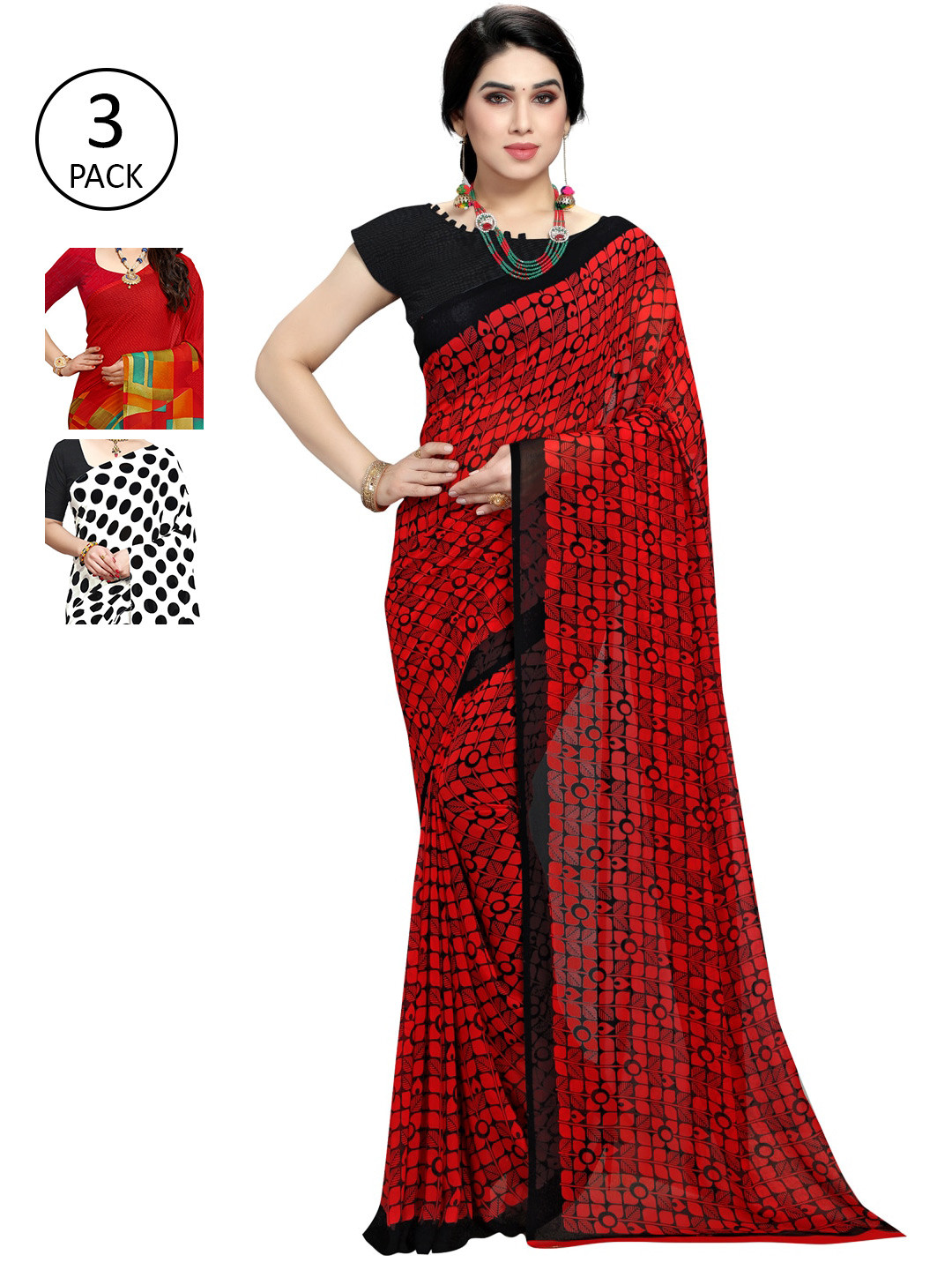 

KALINI Pack Of 3 White & Black & Red Printed Sarees
