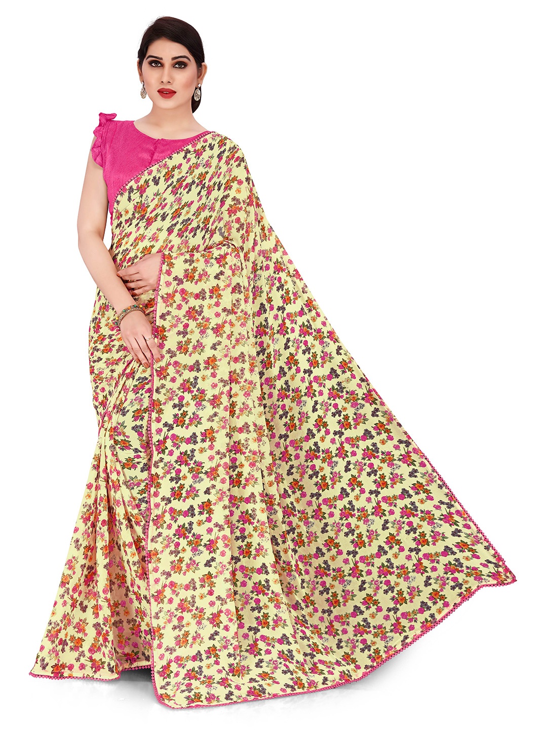 

KALINI Yellow & Pink Floral Saree