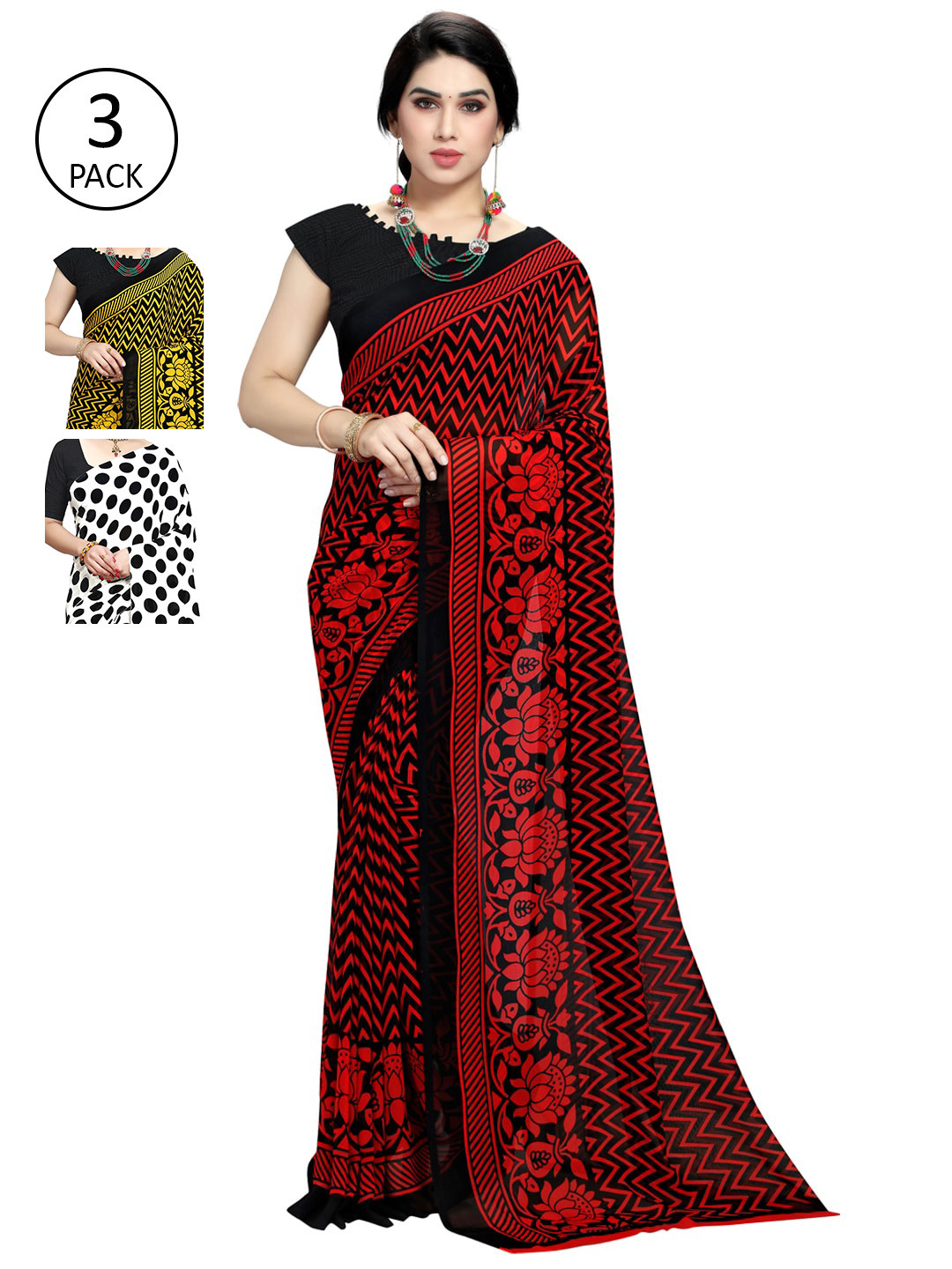 

KALINI White & Yellow Pack of 3 Printed Sarees