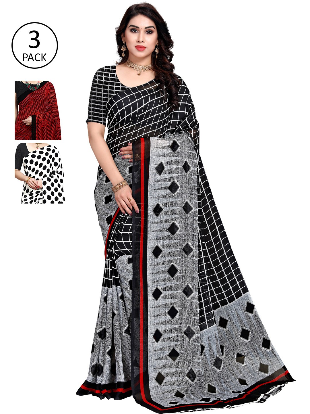 

KALINI Pack Of 3 White & Black Saree