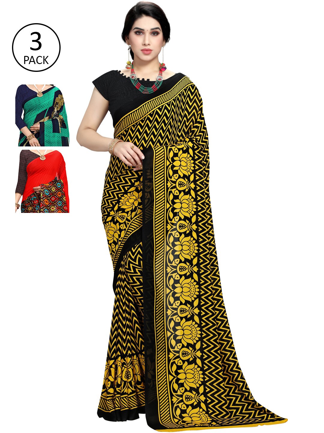 

KALINI Set Of 3 Multicoloured Poly Georgette Printed Sarees, Multi